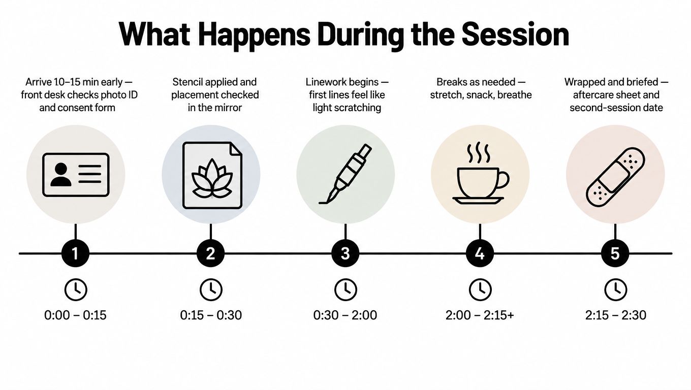 An infographic titled What Happens During the Session explaining the five-step process of a tattoo appointment.