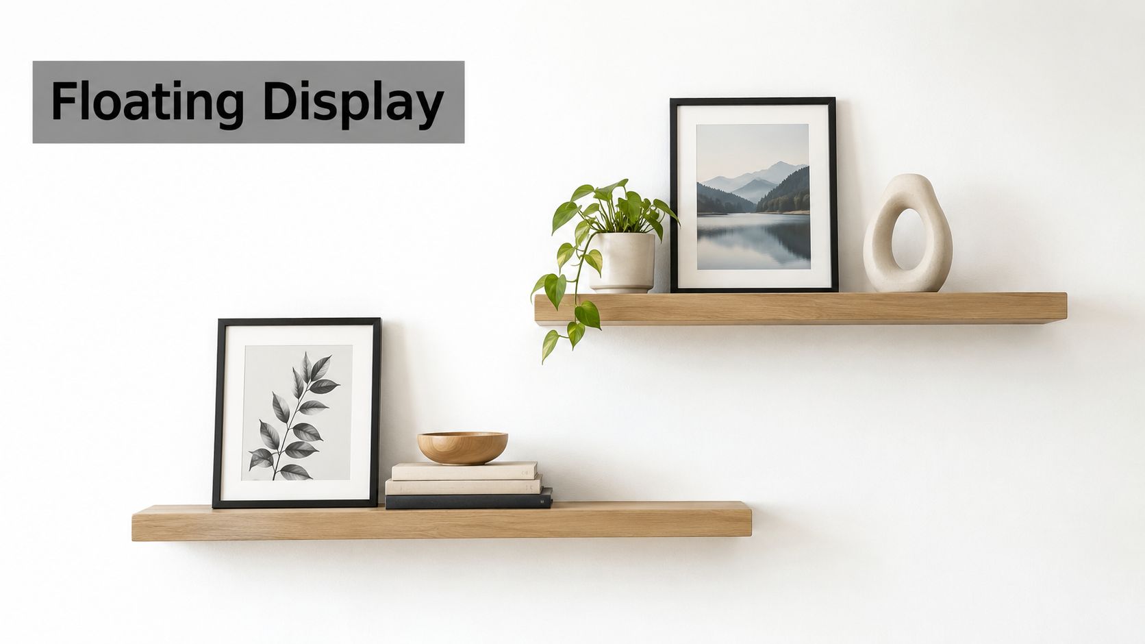 Two modern light wooden floating shelves mounted on a white wall displaying pictures, books, and plants.