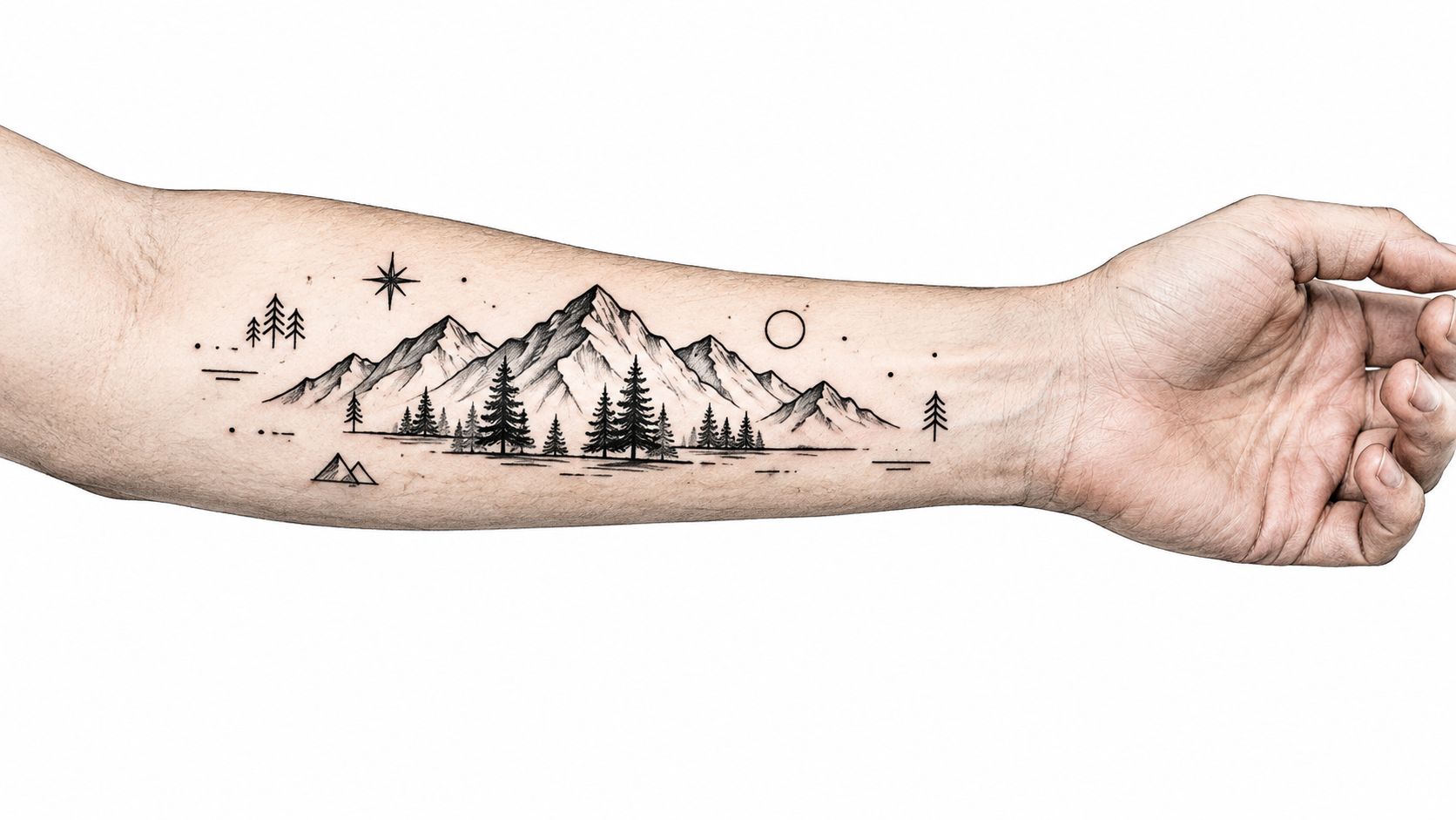 A detailed minimalist landscape tattoo of mountains and pine trees on a person's inner forearm.