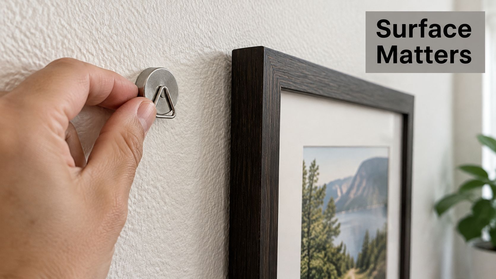 A close-up view of a person attaching a small silver magnet to a wall to hang a picture frame.