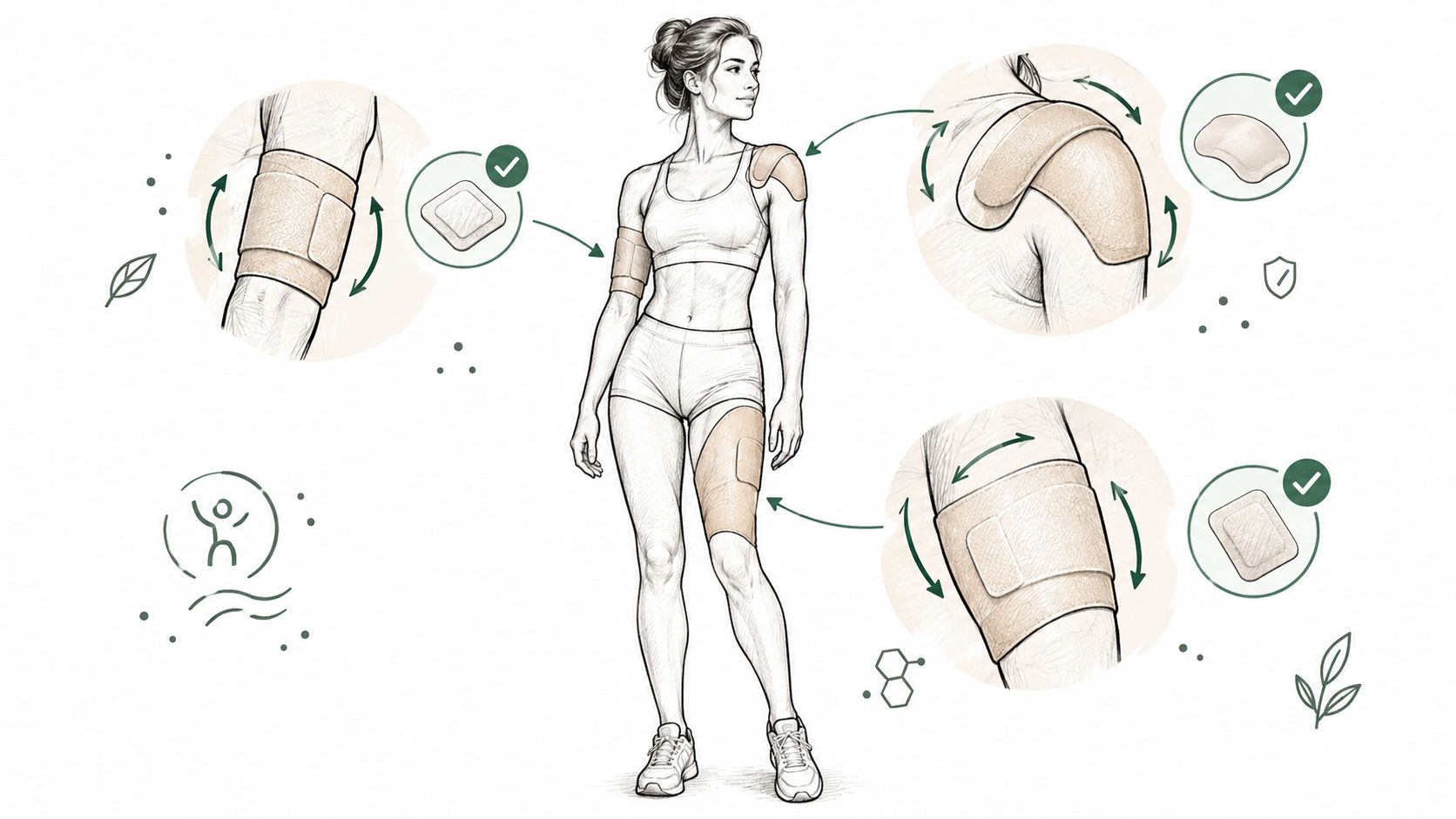 A line drawing illustration showing a woman applying adhesive medical patches to her shoulder, arm, and thigh.