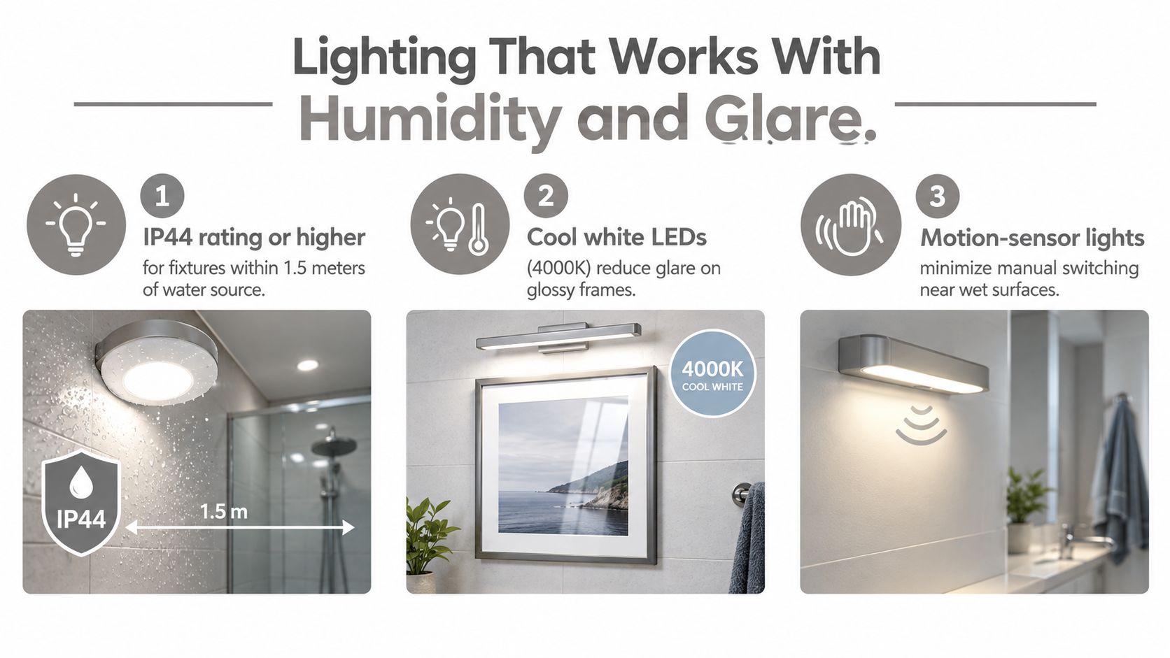Informational graphic explaining best bathroom lighting choices, including IP44 ratings, cool white LEDs, and motion sensors.