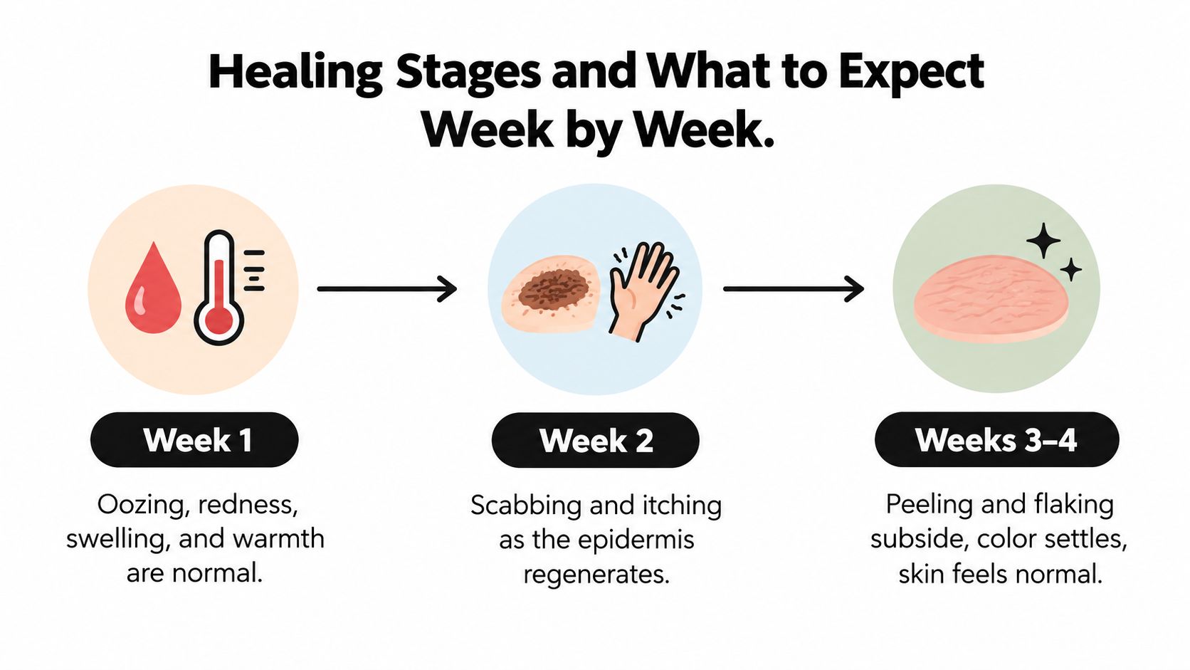 A visual guide showing three stages of tattoo healing over four weeks with common skin symptoms.