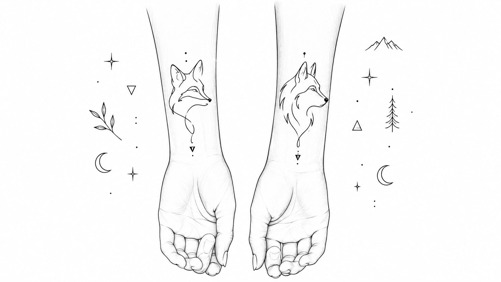 Line art sketch of matching fox and wolf wrist tattoos surrounded by minimal celestial and nature symbols.