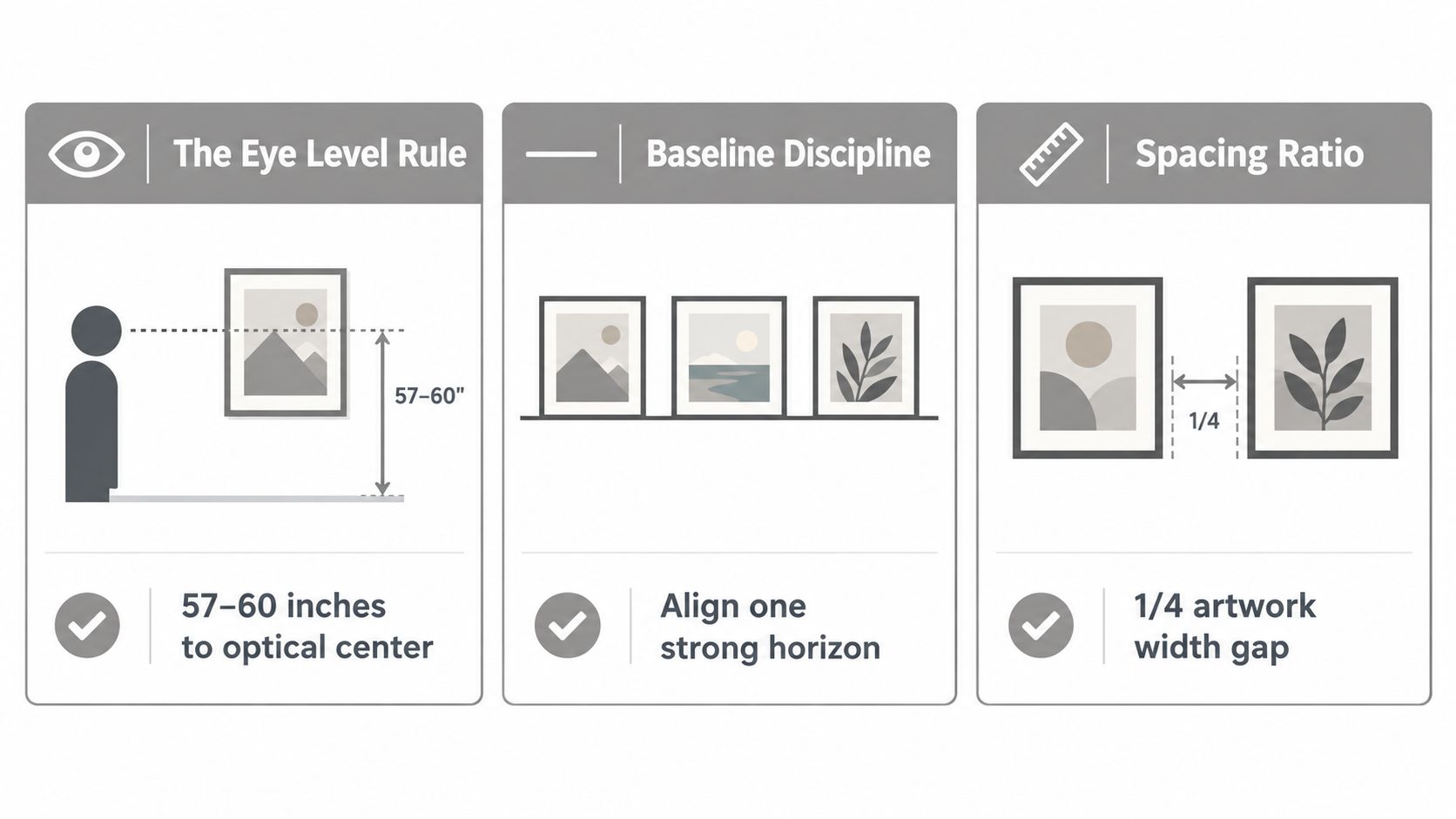 An infographic showing three design rules for hanging wall art: eye level, baseline alignment, and spacing ratios.
