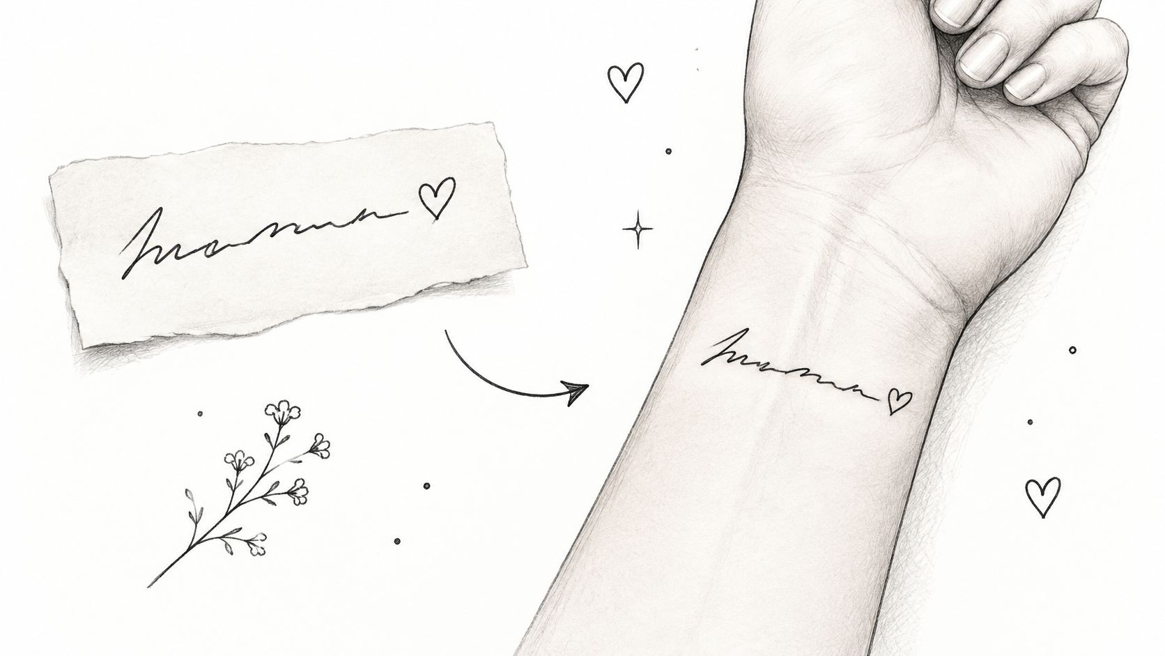 A pencil sketch shows a handwritten note that says Mama being tattooed onto a person's wrist.