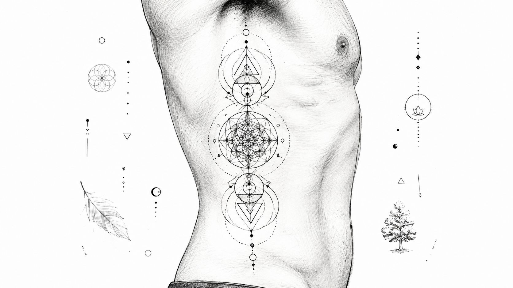 A detailed side view drawing of a man featuring a complex sacred geometry rib cage tattoo design.