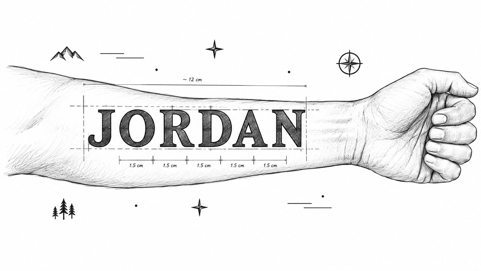 A detailed technical sketch of a forearm featuring the name Jordan in block lettering tattoo style.