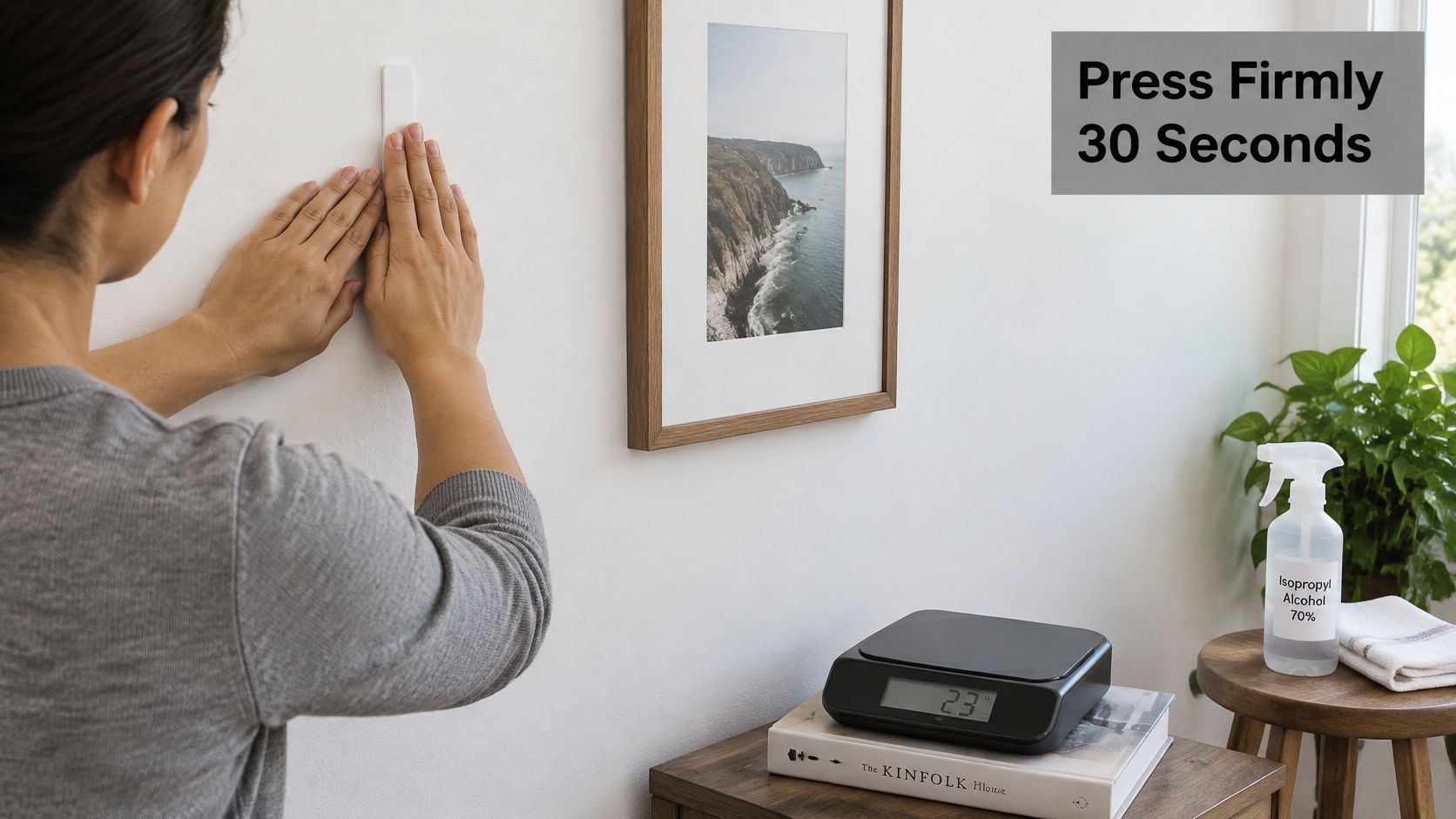 A person pressing an adhesive picture hanging strip firmly against a white wall for installation.
