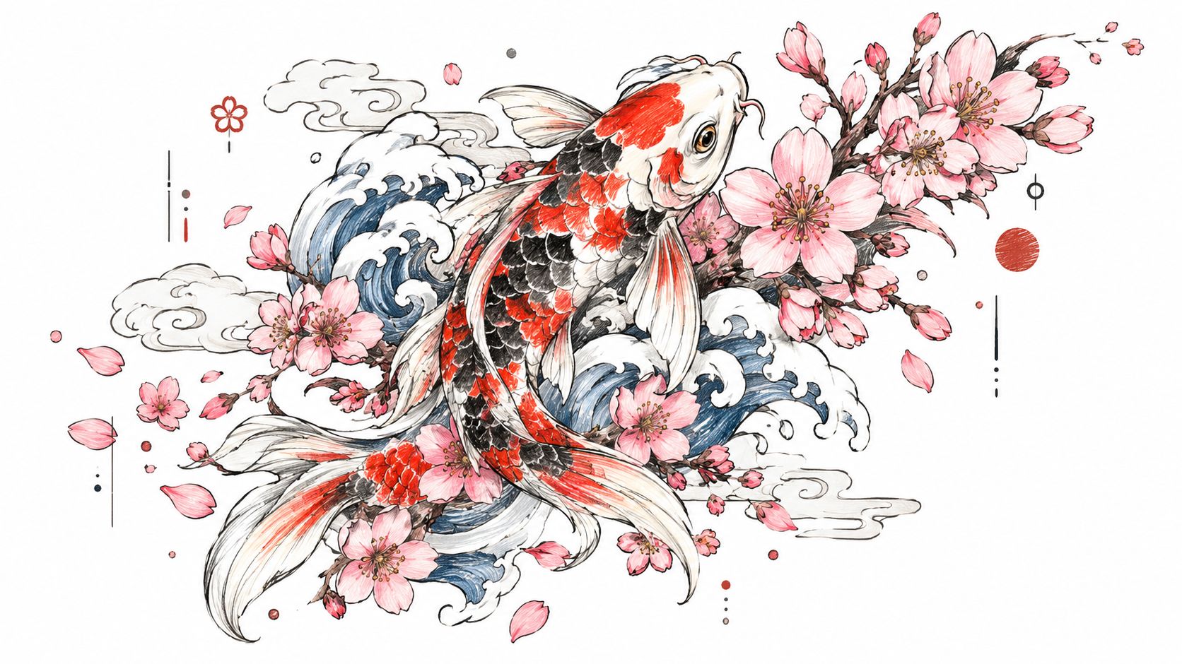 A beautiful watercolor-style tattoo design featuring a koi fish swimming through waves with cherry blossom flowers.