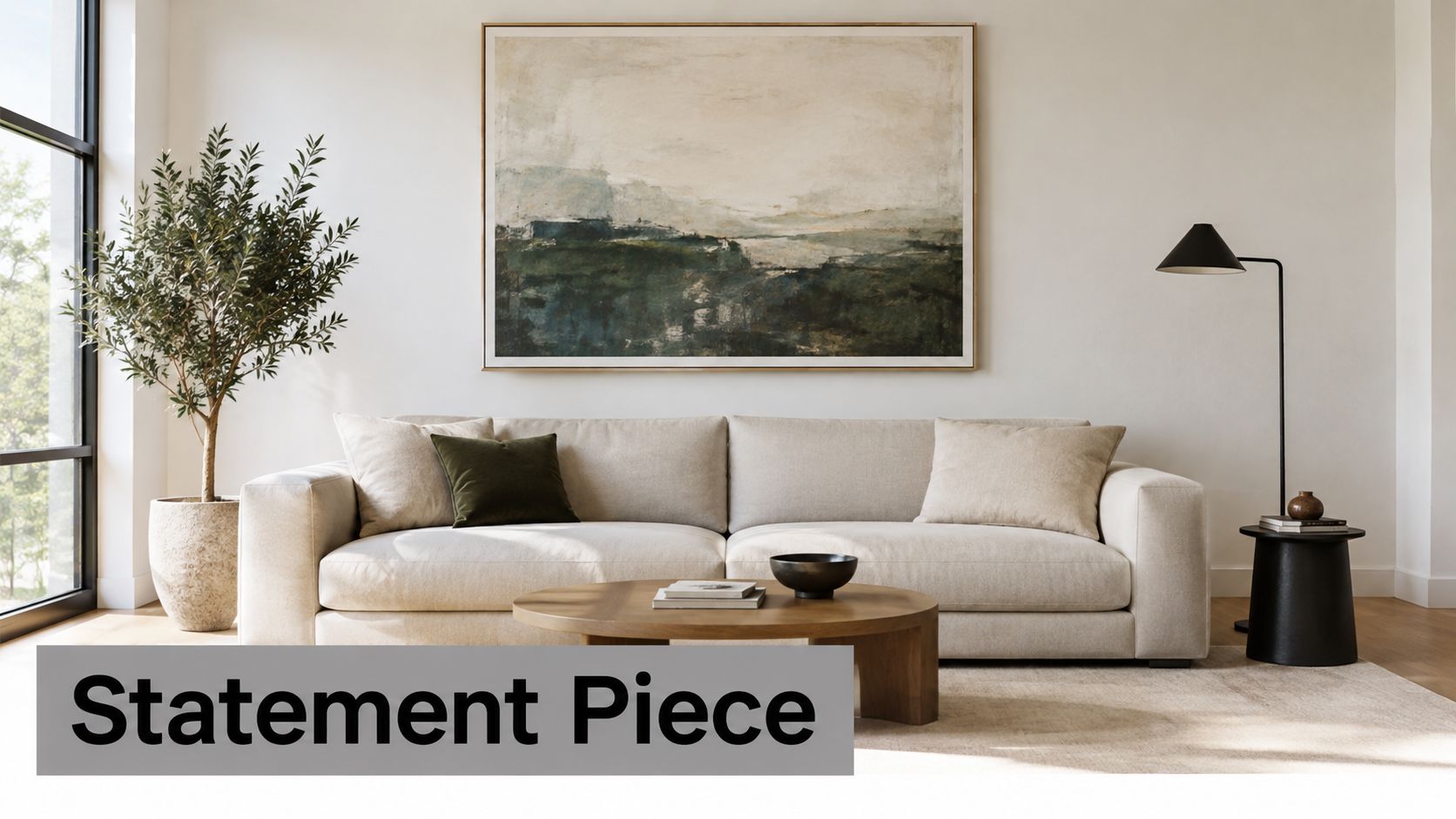 A modern living room featuring a neutral sofa, a large landscape painting, and a round wooden table.