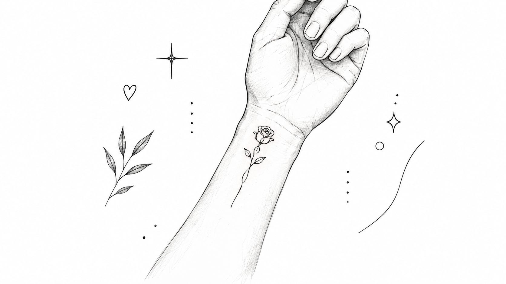 A delicate sketch of a minimal rose tattoo design placed on a human forearm with surrounding decorative elements.
