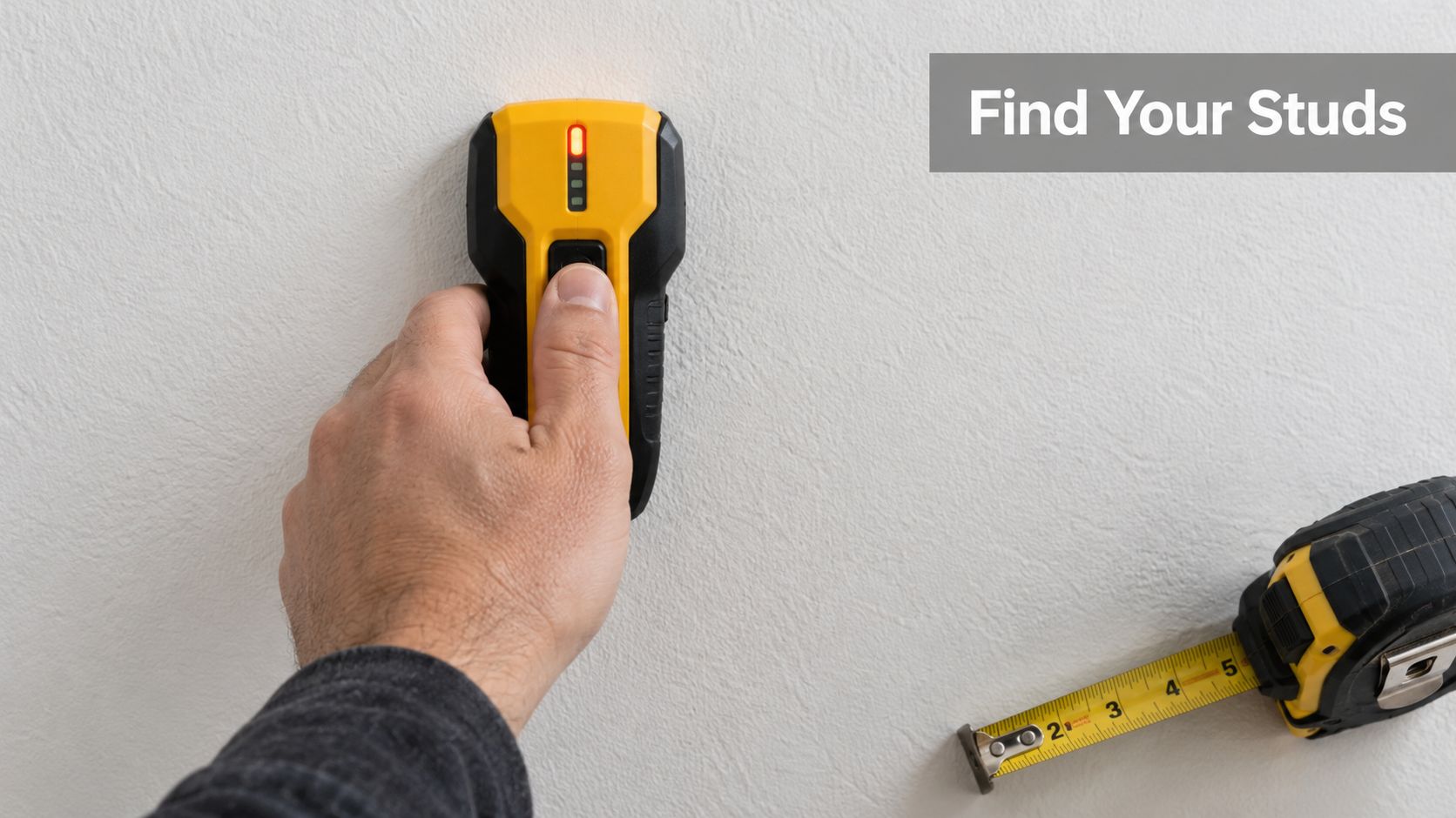 A person using a yellow stud finder on a white wall with a tape measure nearby.