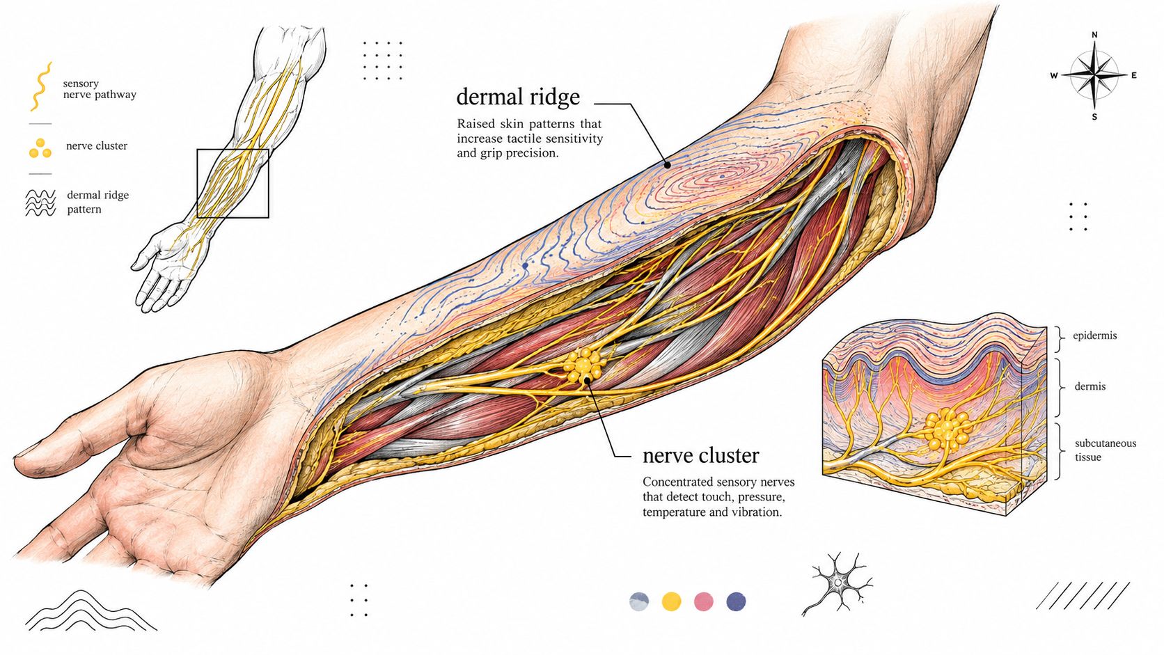 An anatomical illustration displaying the sensory nerve pathways and clusters within the human inner arm and skin.