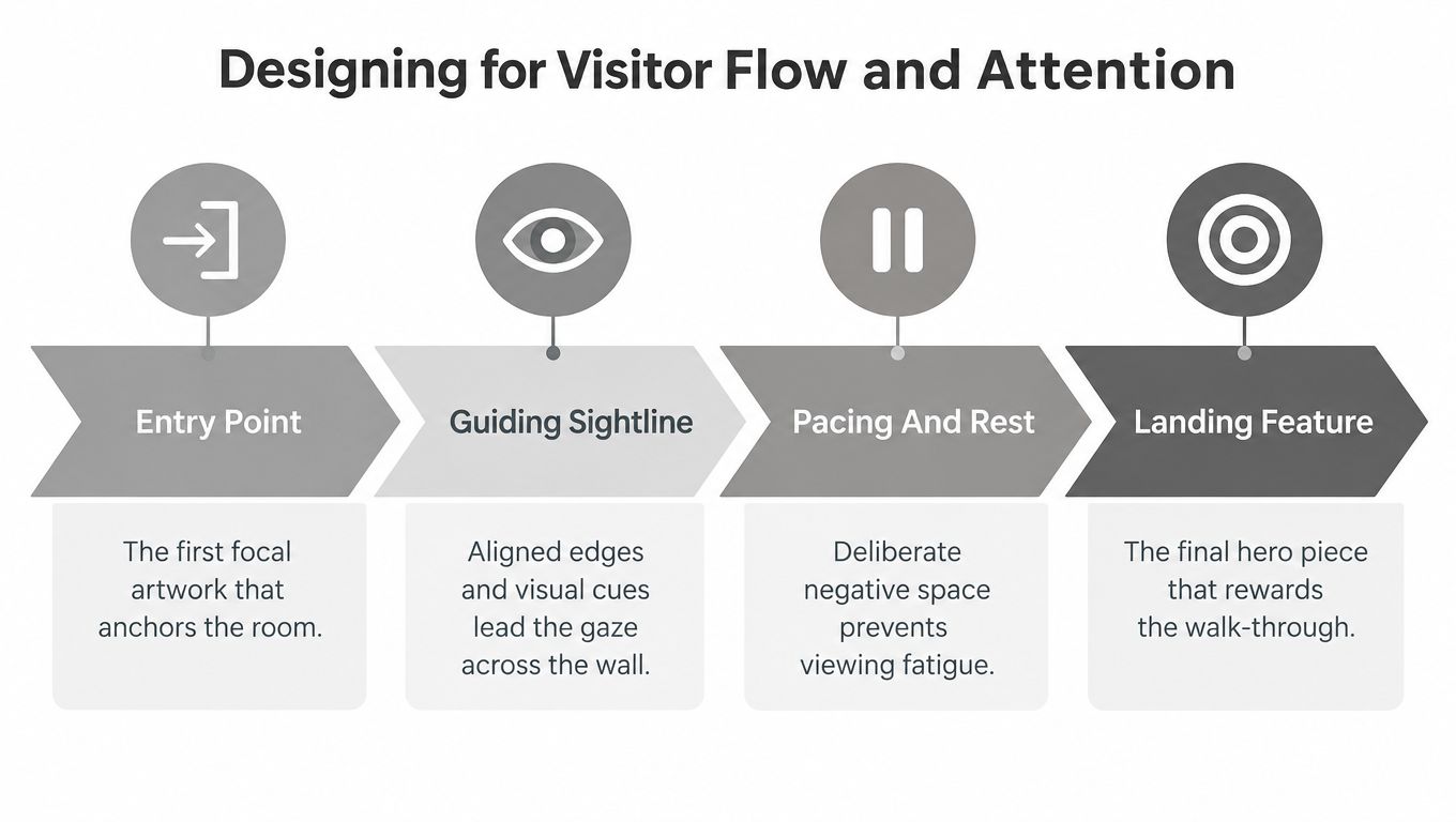 A diagram illustrating four key principles for gallery layout design: Entry Point, Guiding Sightline, Pacing And Rest, and Landing Feature.