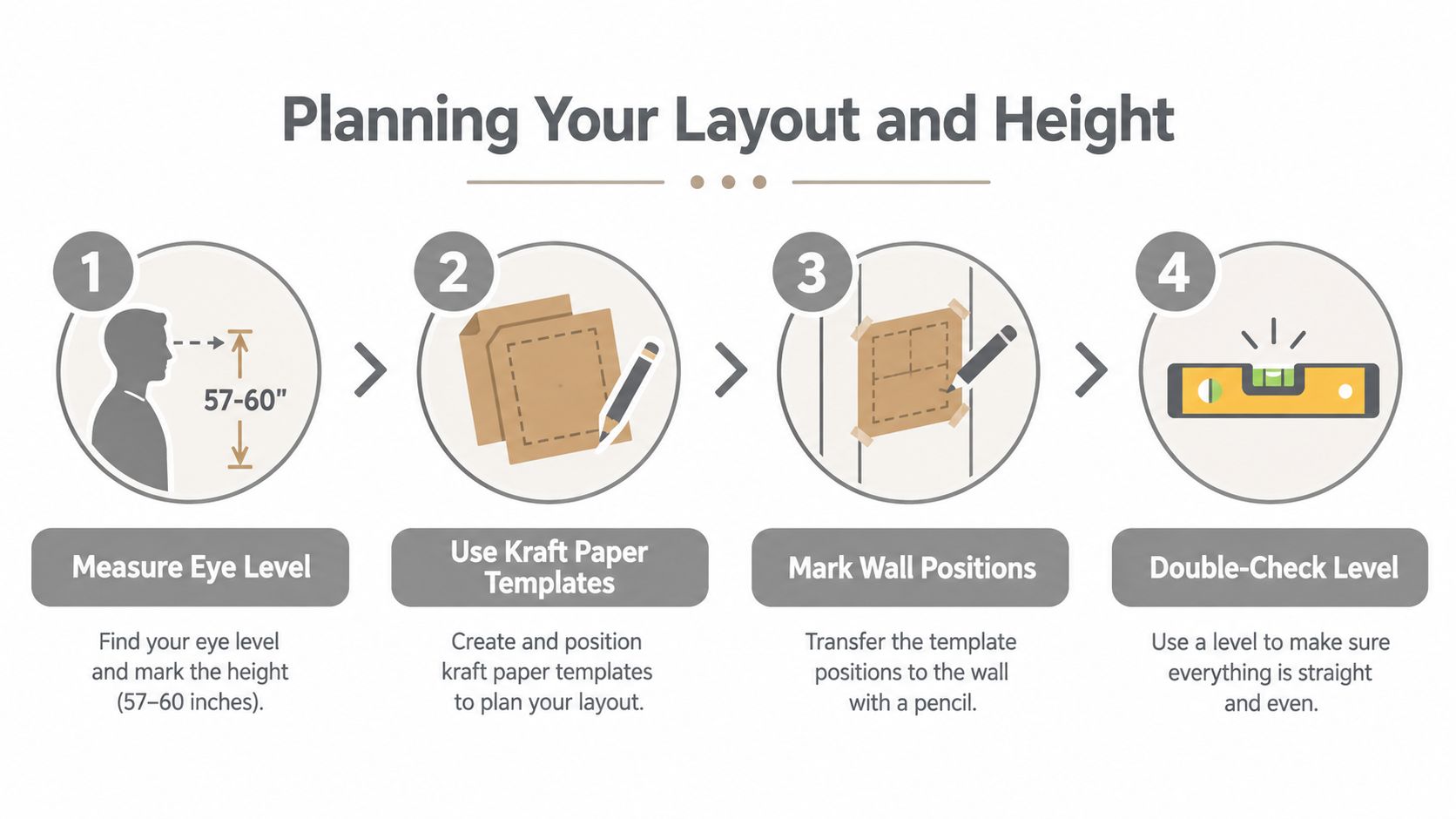 A four-step infographic illustrating how to plan the layout and height for mounting artwork on a wall.