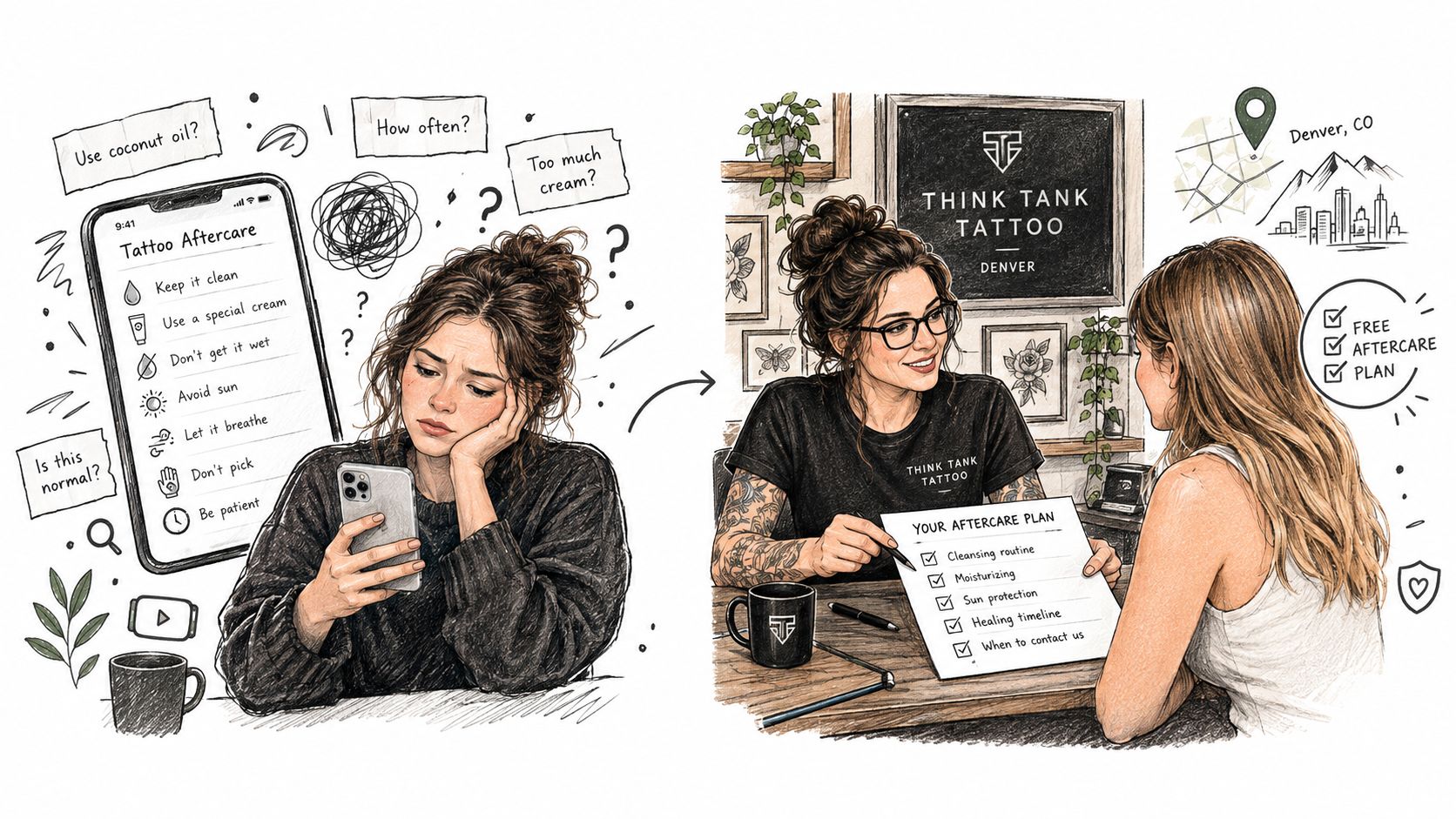 A split image showing a confused person looking up tattoo aftercare tips versus a professional tattoo consultation.