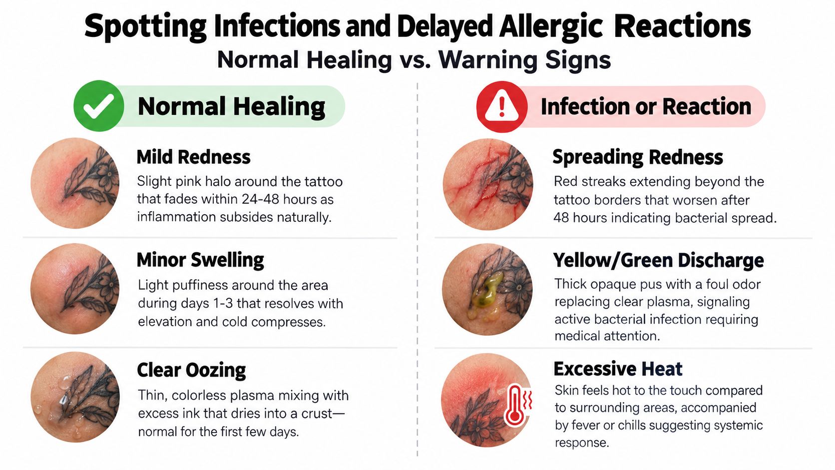 A comparison chart showing signs of normal tattoo healing versus symptoms of infection or allergic reactions.