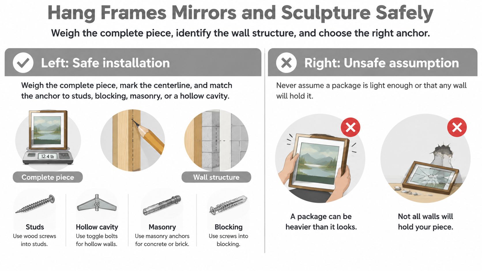 A safety infographic illustrating how to properly install frames and mirrors on different wall structures.