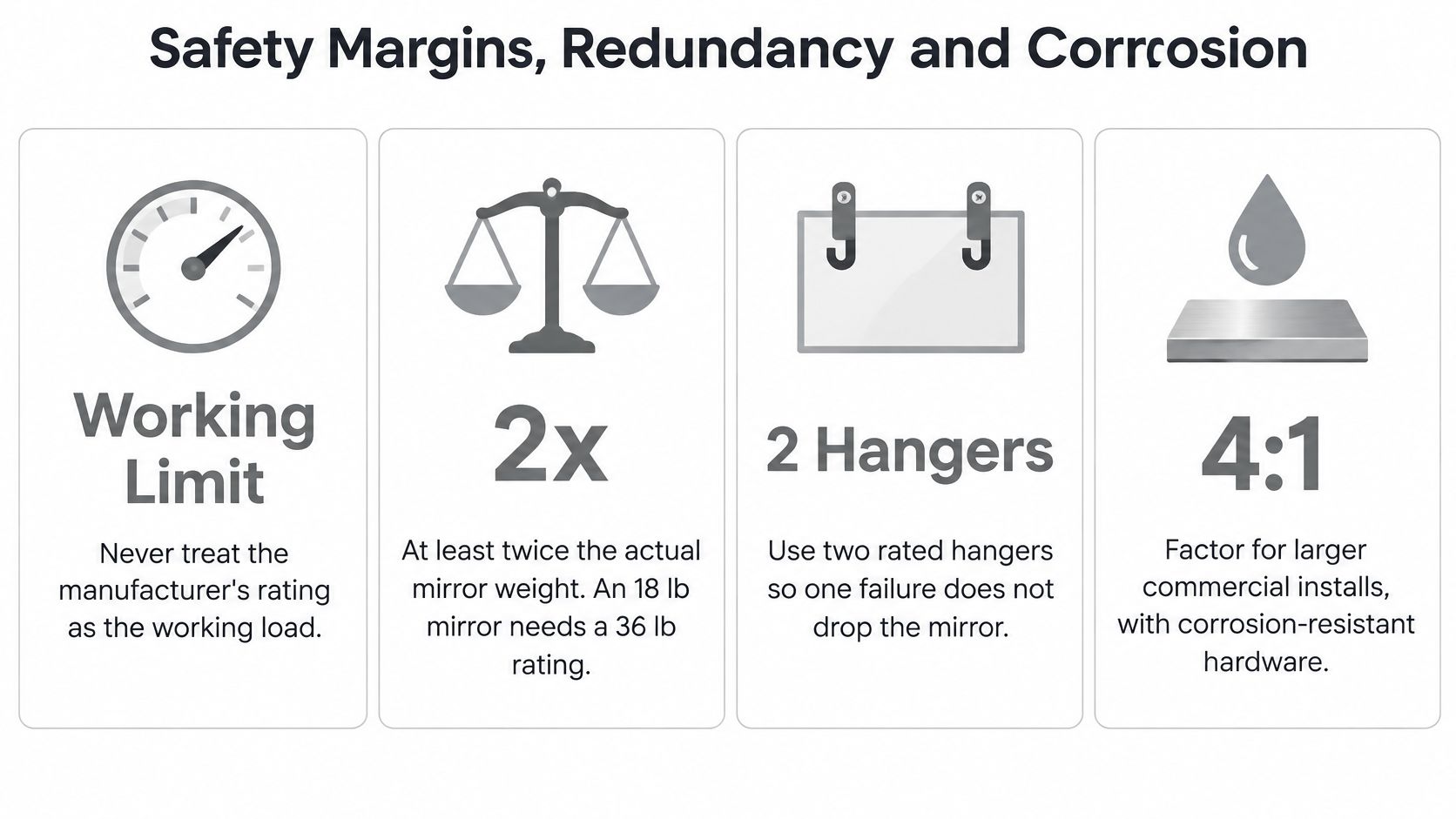 An infographic detailing safety guidelines for hanging mirrors including weight limits, load redundancy, and corrosion resistance.