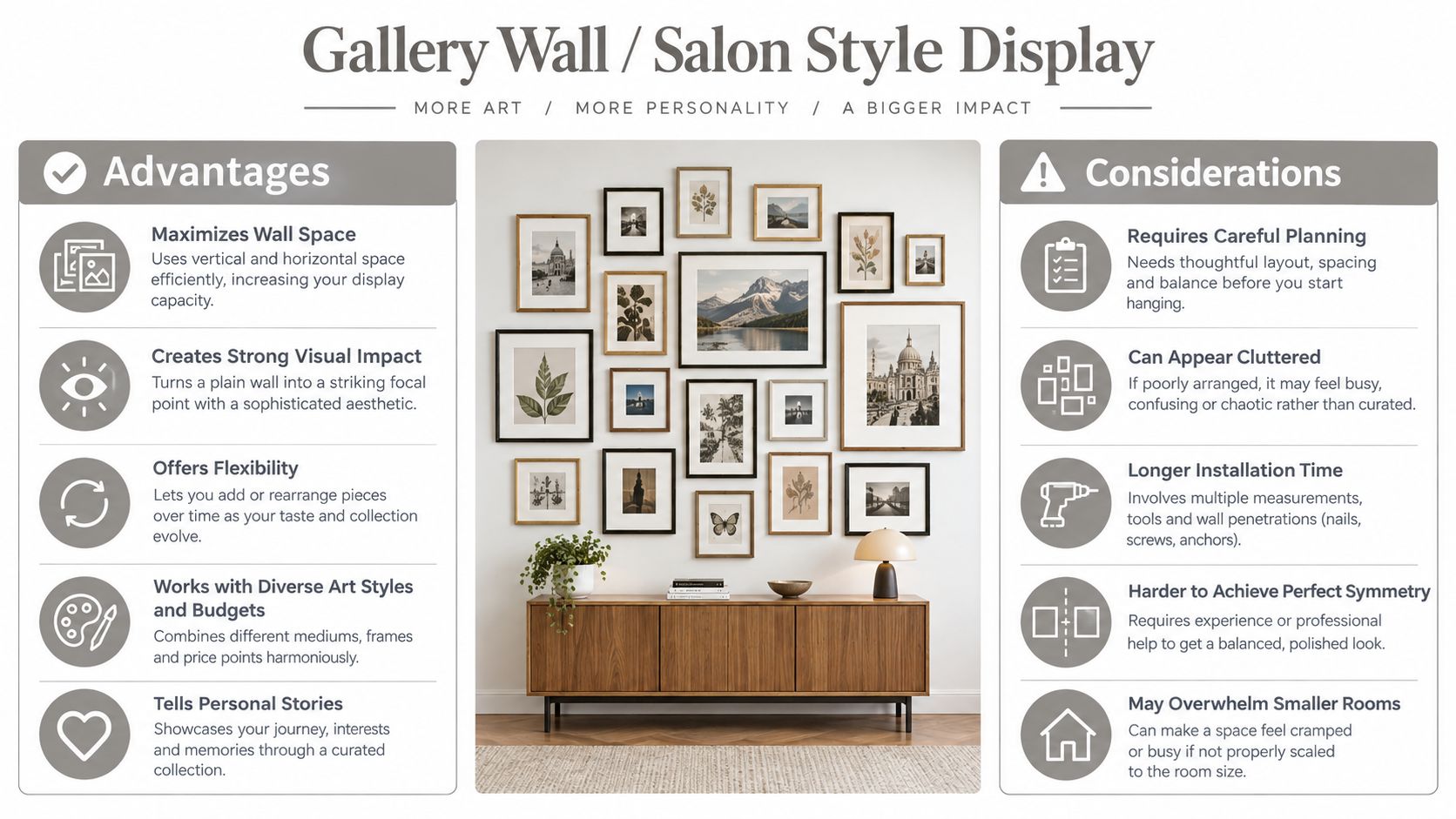 A descriptive infographic titled Gallery Wall Salon Style Display outlining advantages and considerations for wall art layouts.