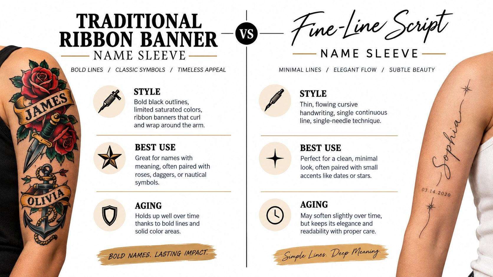 A comparison graphic between traditional ribbon banner and fine-line script tattoo styles for arm name designs.