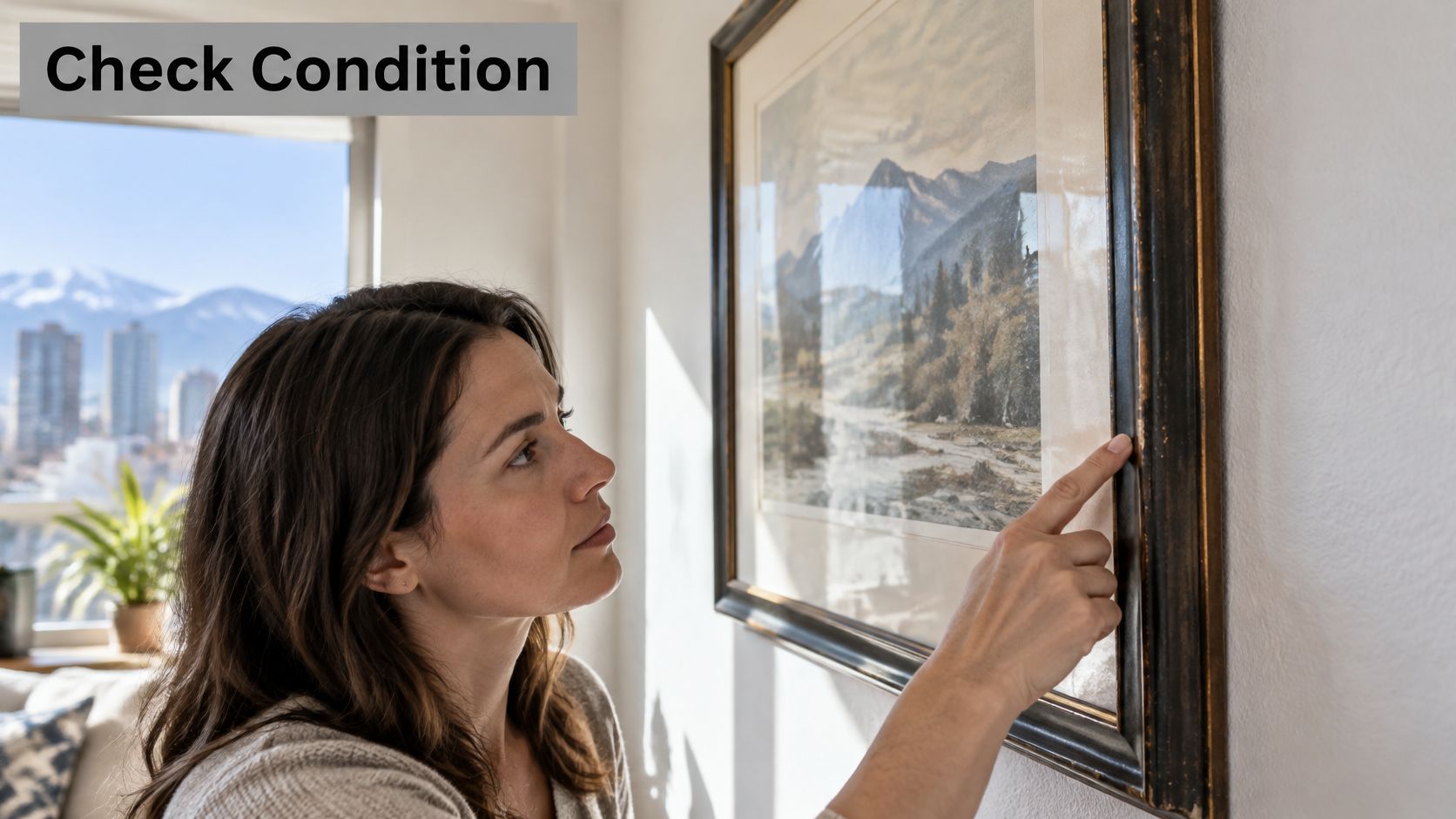 A woman carefully examining the frame of a landscape painting hanging on a white wall.