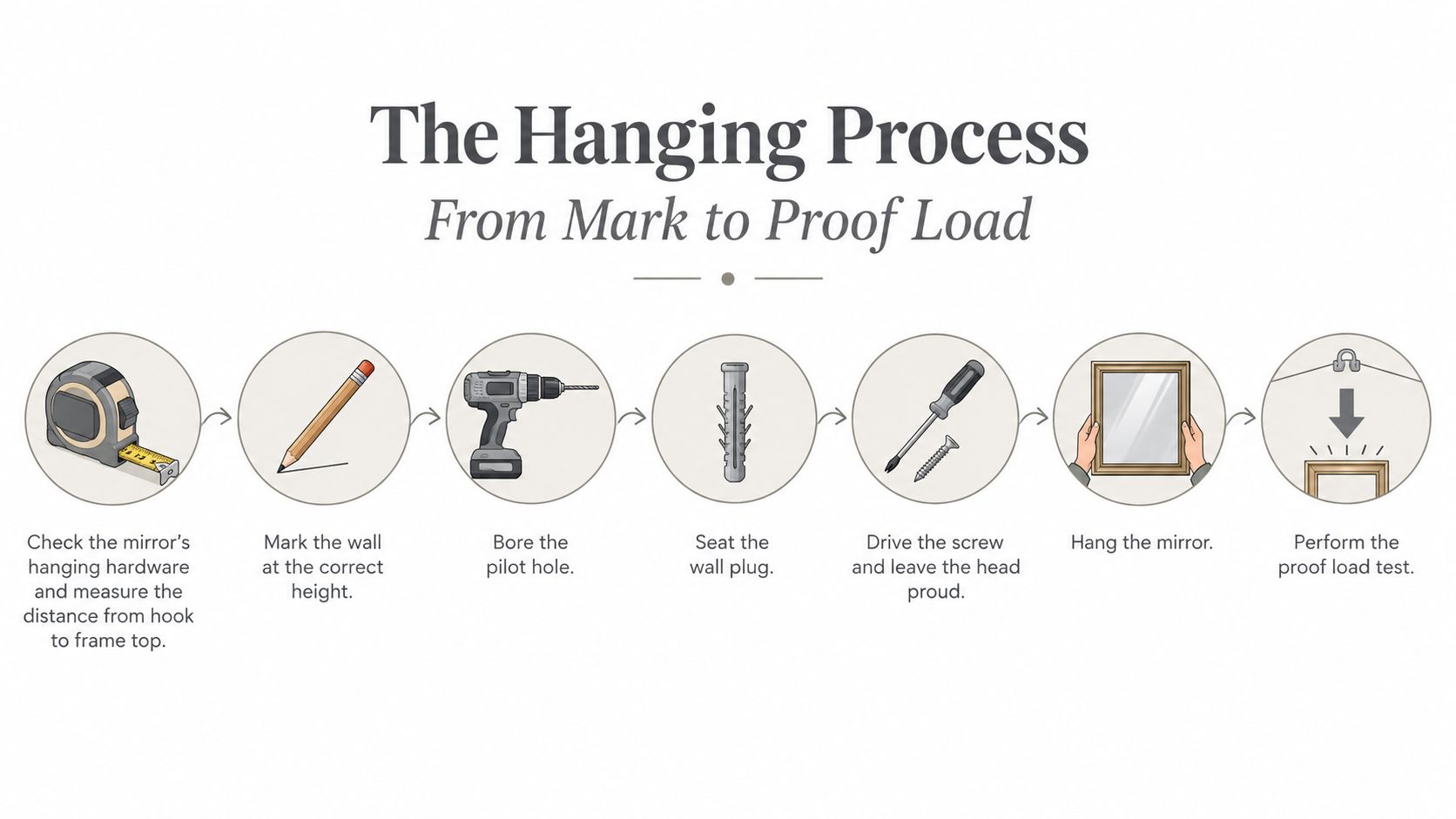 An infographic showing the step-by-step process of mounting a mirror onto a wall using tools.