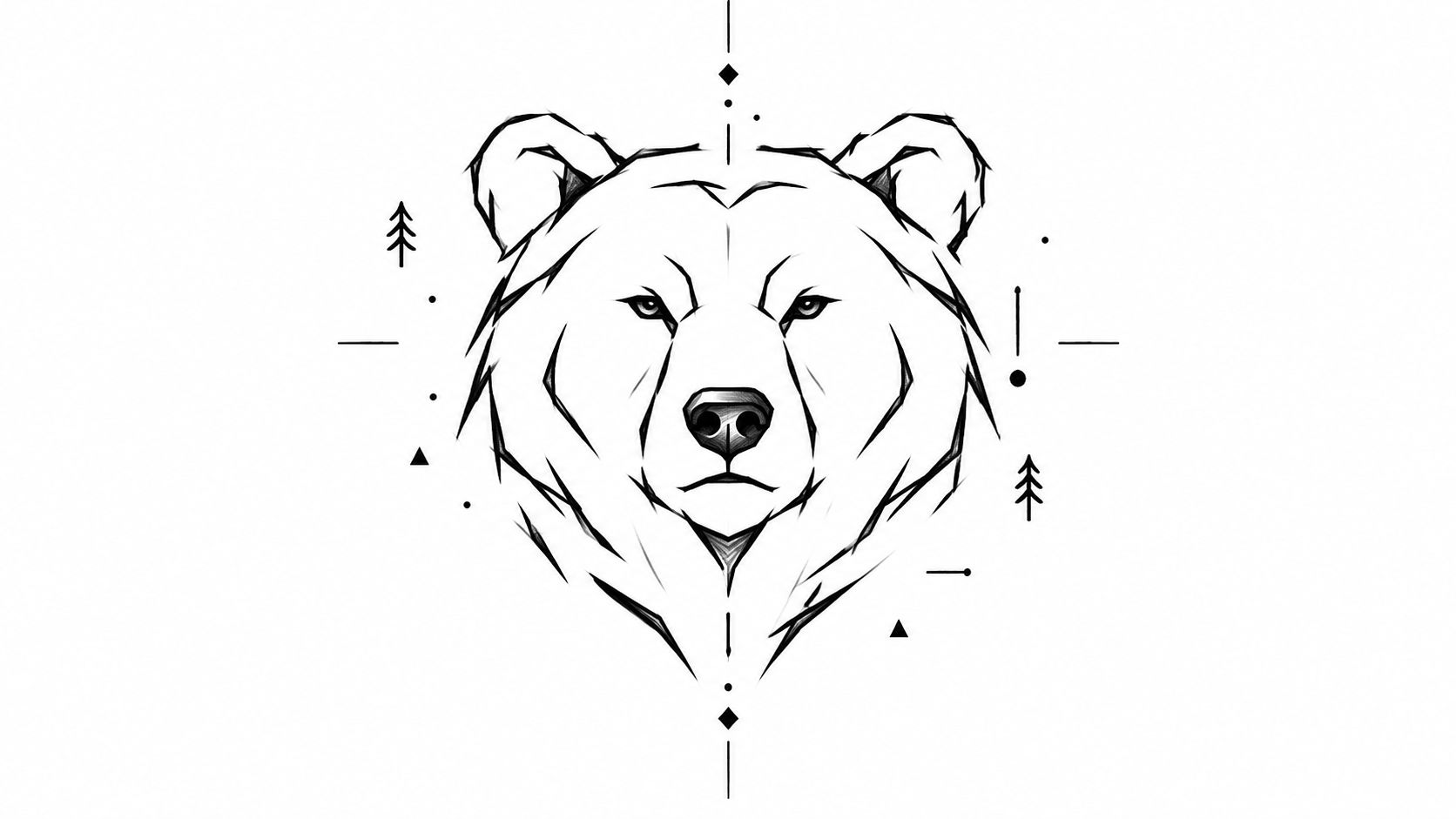 A minimalist, symmetrical black and white geometric illustration of a bear head facing forward.