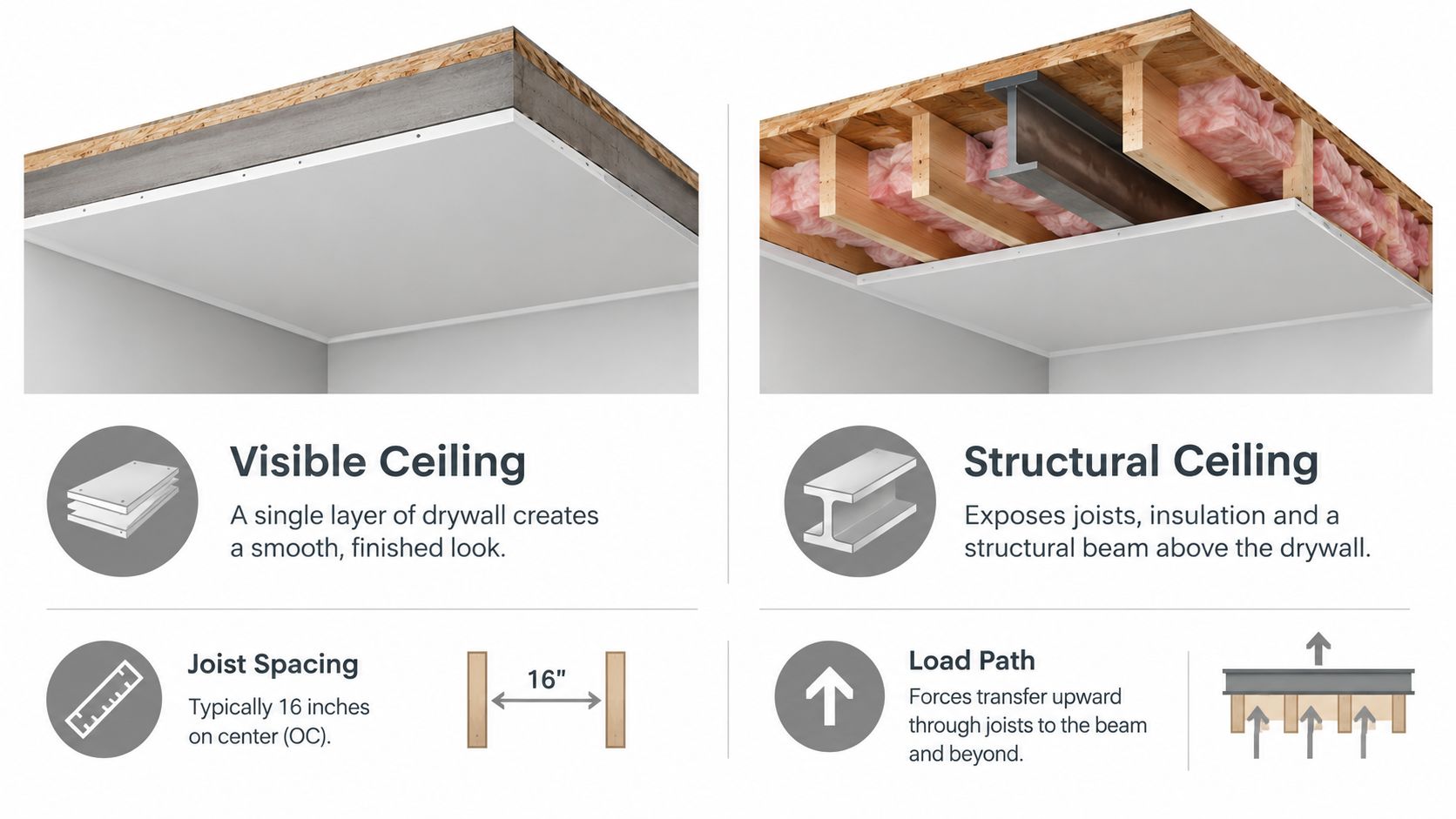 A diagram comparing a standard finished flat drywall ceiling with a structural exposed beam ceiling design.