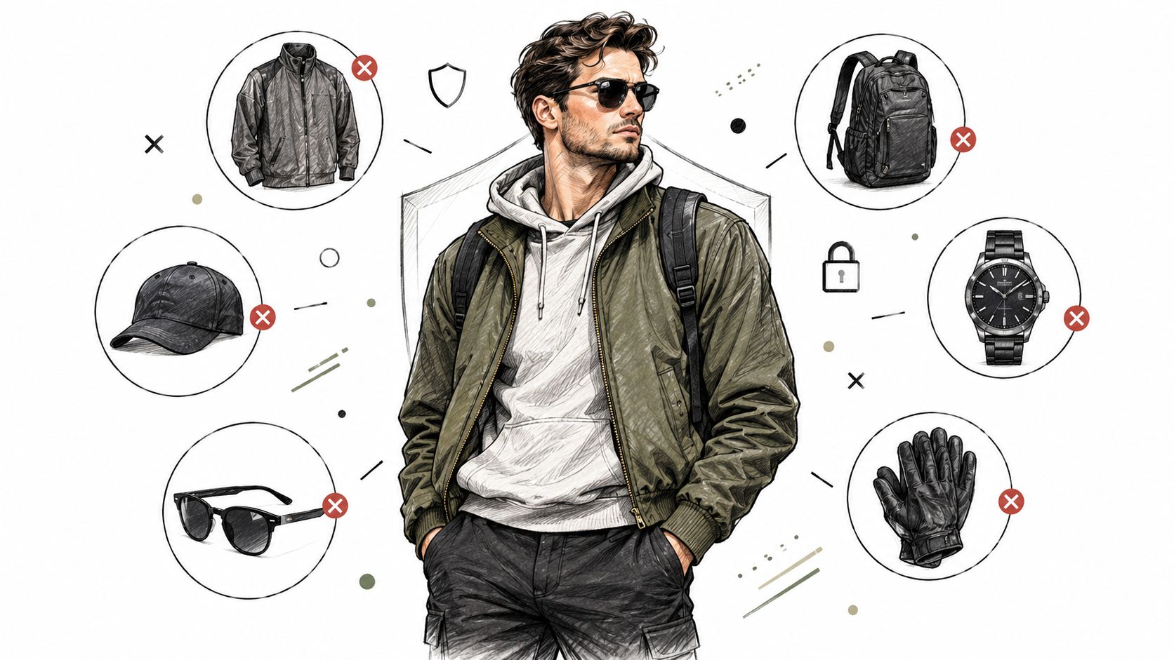 A stylish man in a green bomber jacket and hoodie with various fashion accessories displayed around him.