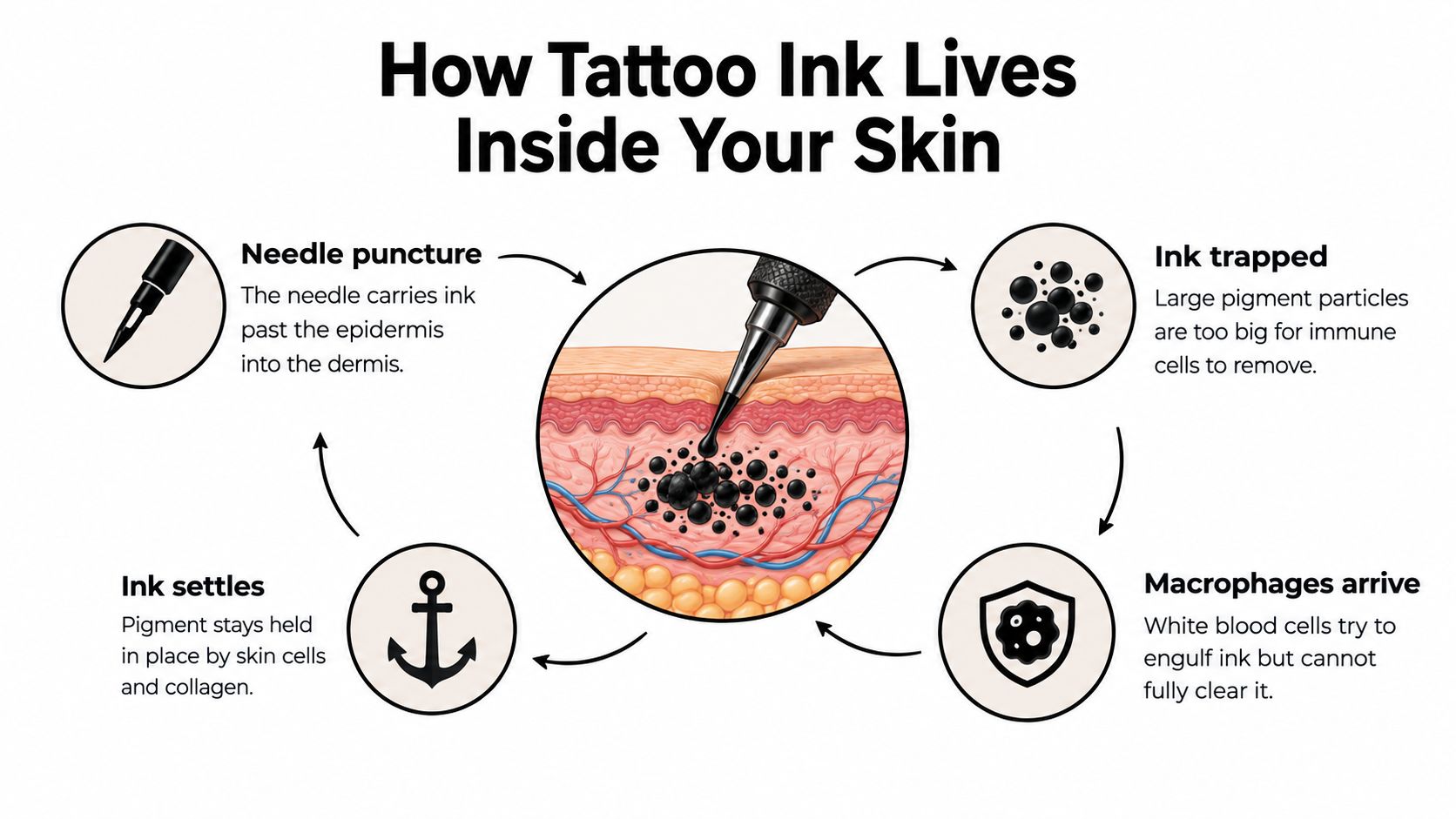An infographic showing the biological process of how tattoo ink enters and remains inside human skin.
