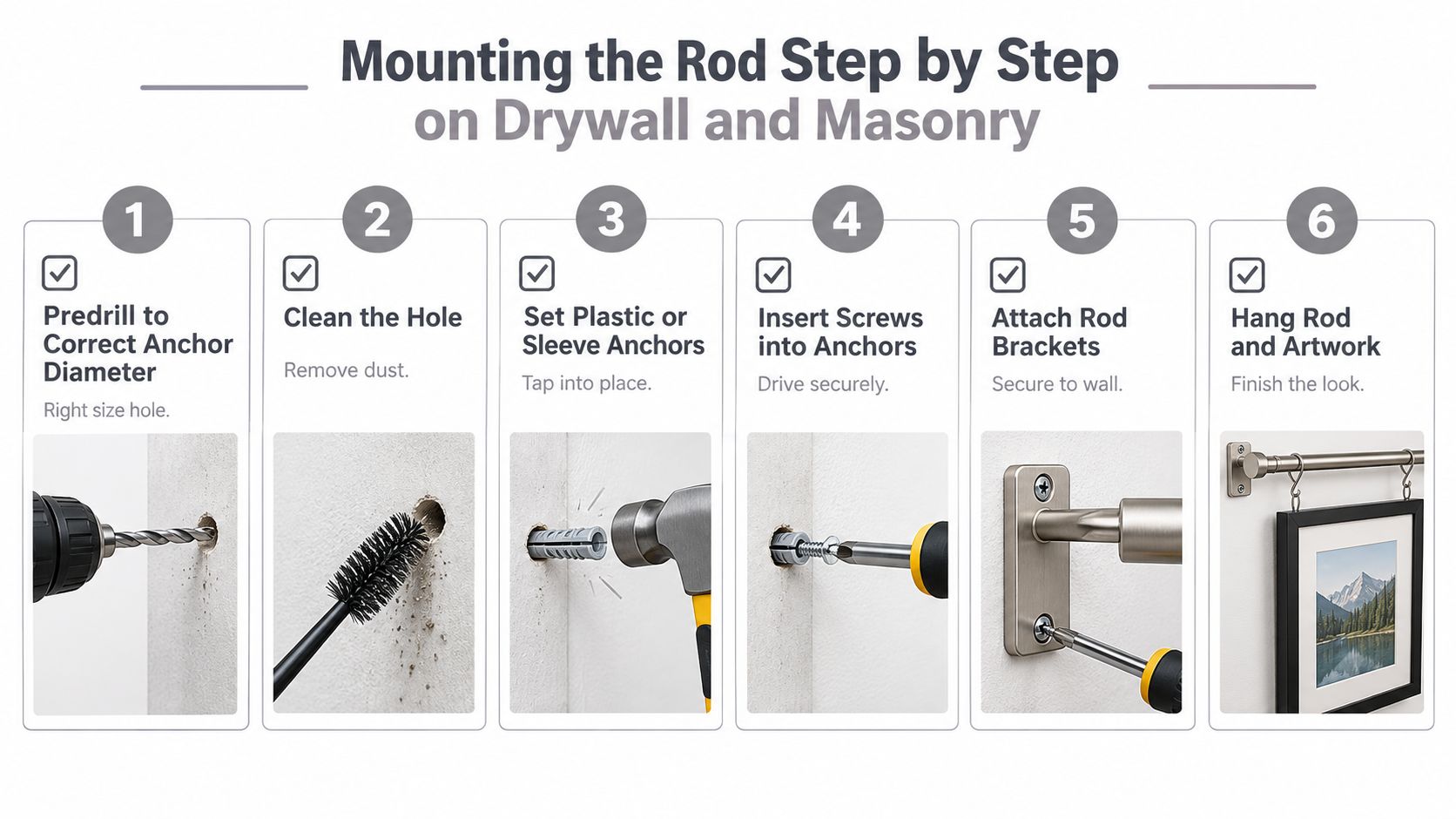 A six-step infographic showing how to properly mount a picture hanging rod on drywall or masonry.