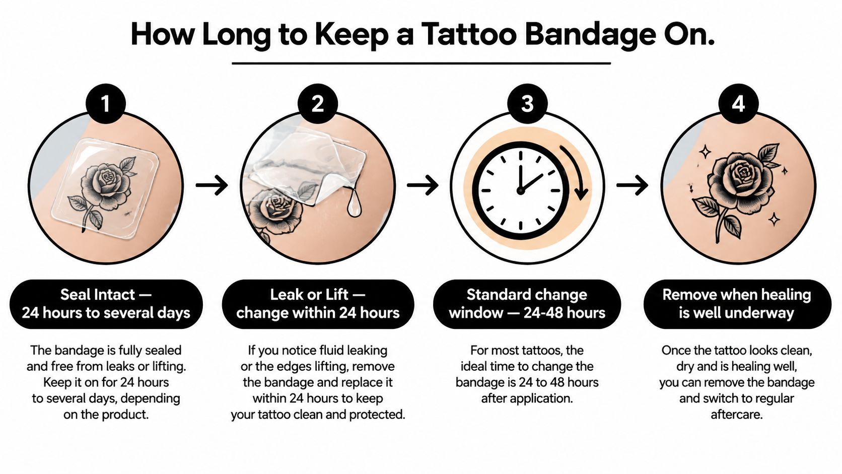 An infographic showing four steps for how long to keep a medical tattoo bandage on skin.