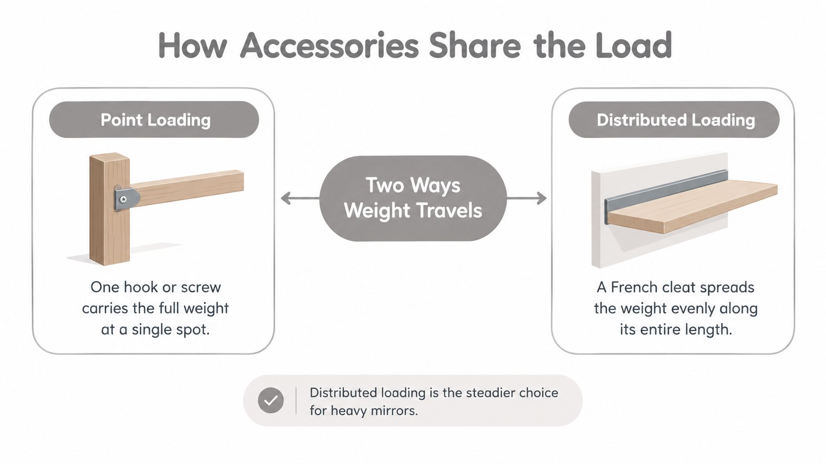 A diagram comparing point loading with a single screw and distributed loading with a French cleat.