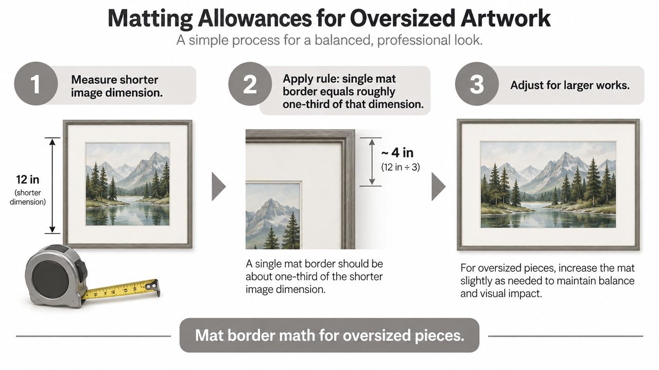 An infographic showing a three-step guide on how to calculate matting allowances for oversized artwork.