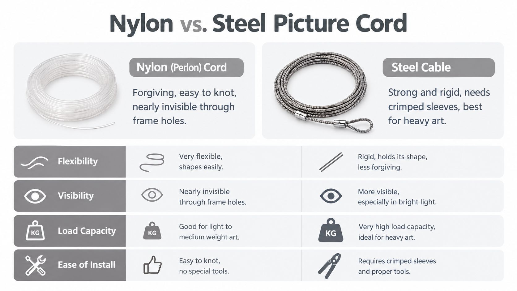A comparison chart showing the differences between clear nylon cord and metal steel cable for hanging pictures.