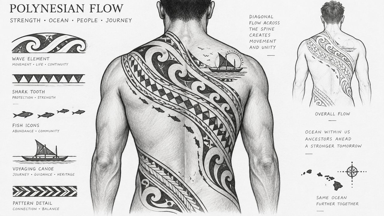 A detailed illustration of a Polynesian-style back tattoo design featuring traditional patterns and symbolic oceanic elements.