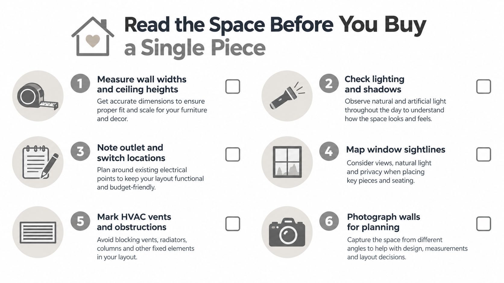An infographic checklist with six steps for preparing a room layout before buying furniture or decor.