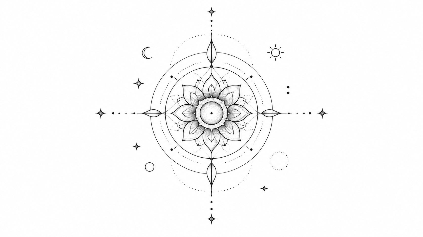 A delicate, minimalist mandala tattoo design featuring a central flower, compass points, sun, and crescent moon symbols.