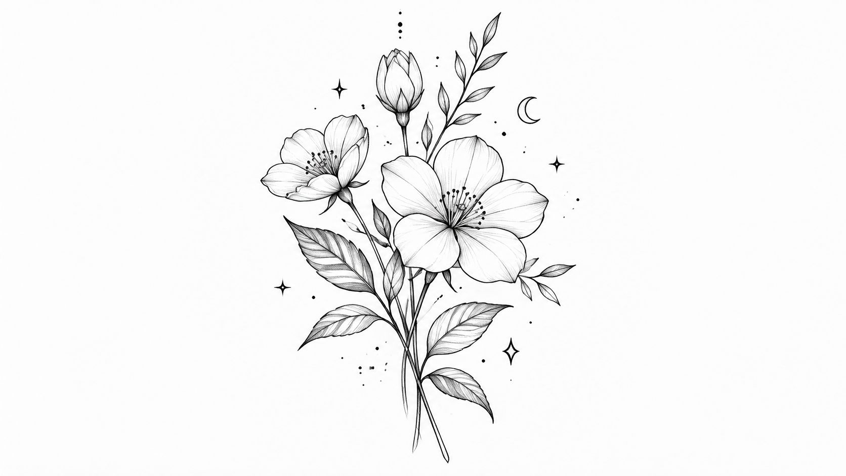 A delicate, minimalist black and white line art illustration of blooming cherry blossom flowers and leaves.