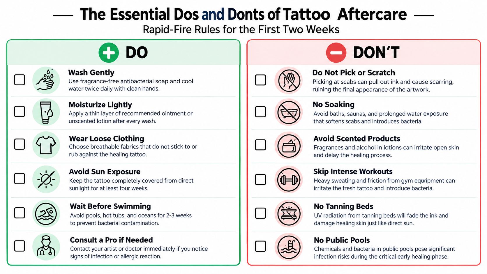 An infographic titled The Essential Dos and Donts of Tattoo Aftercare with bulleted advice for first-time owners.