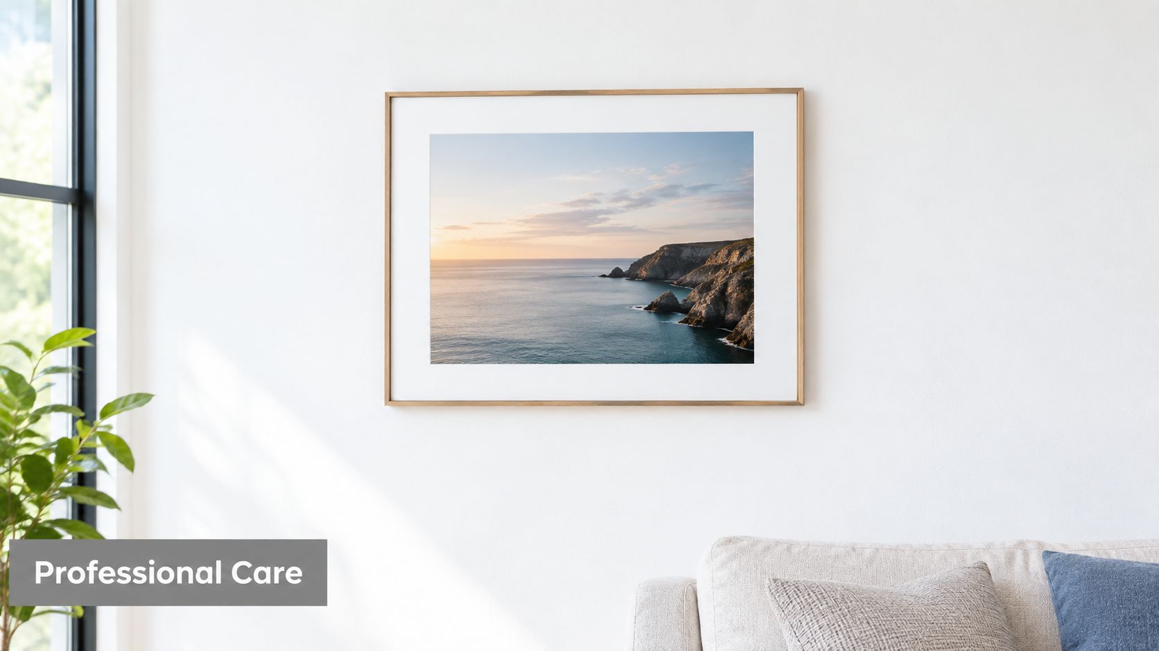 A landscape photograph of a rocky coastline at sunset displayed in a wooden frame on a white wall.