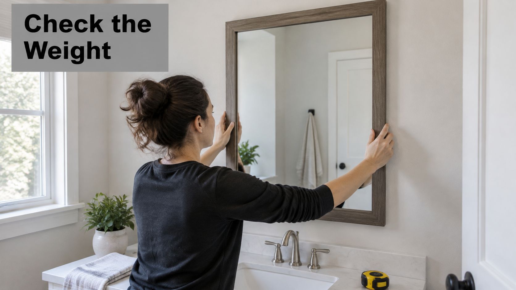 A woman holding a wooden framed rectangular mirror against a bathroom wall during installation.