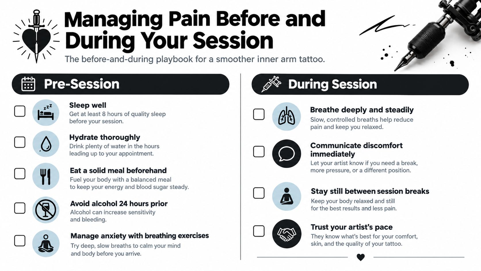 A guide listing pre-session and during-session tips for managing pain during an inner arm tattoo appointment.