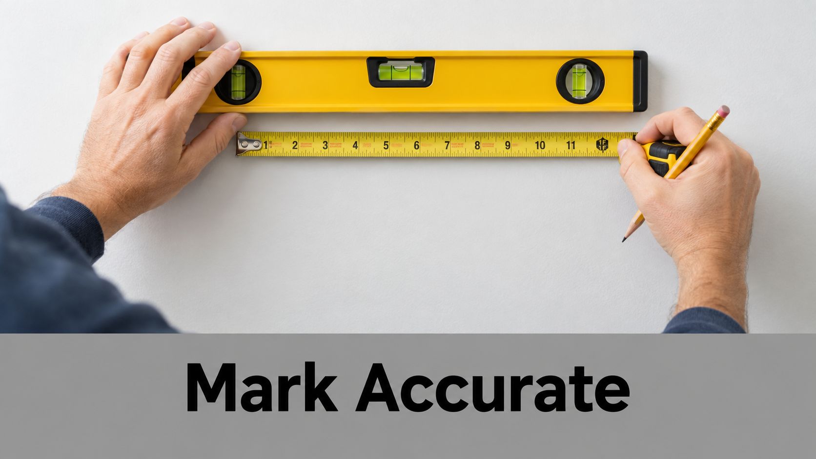 A person uses a bubble level and a measuring tape with a pencil to mark a wall.