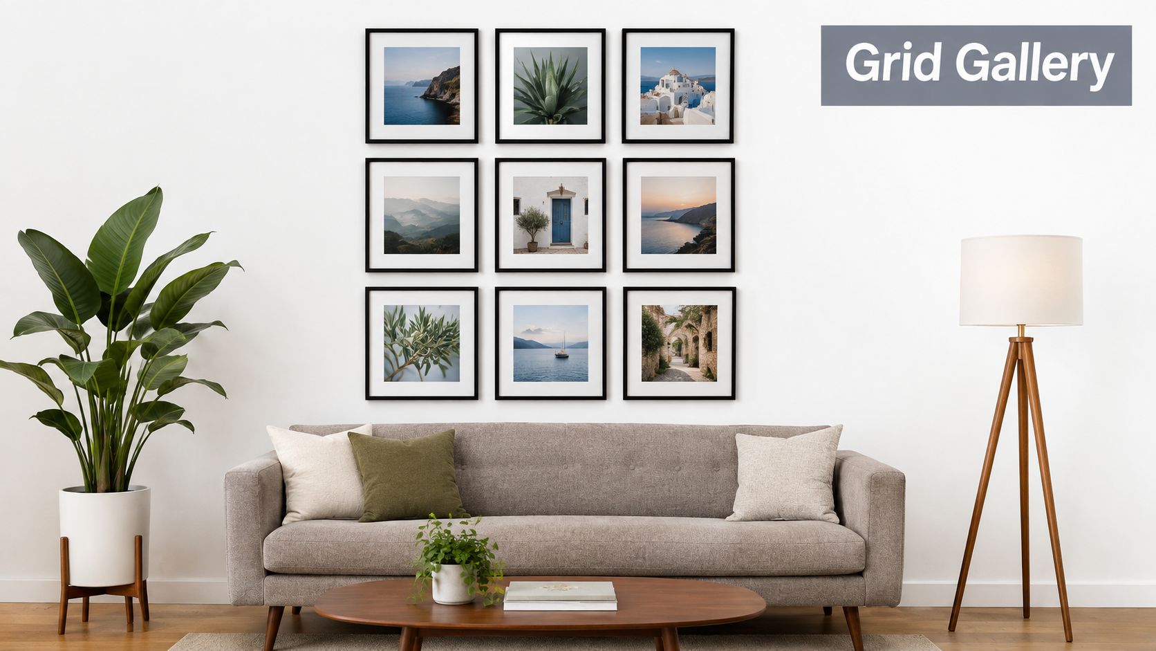 A minimalist living room featuring a grid of nine framed landscape art prints hanging above a grey sofa.