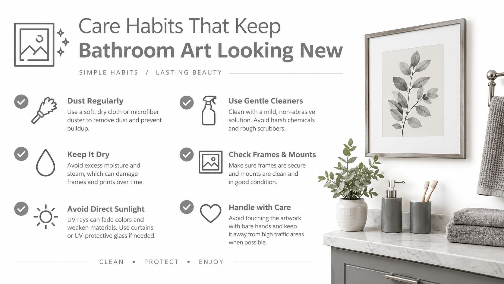 A helpful infographic outlining simple care tips for maintaining artwork in a bathroom setting.
