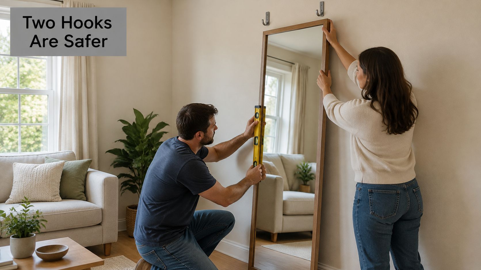 A man and woman working together to carefully install a large wooden framed mirror on a wall.