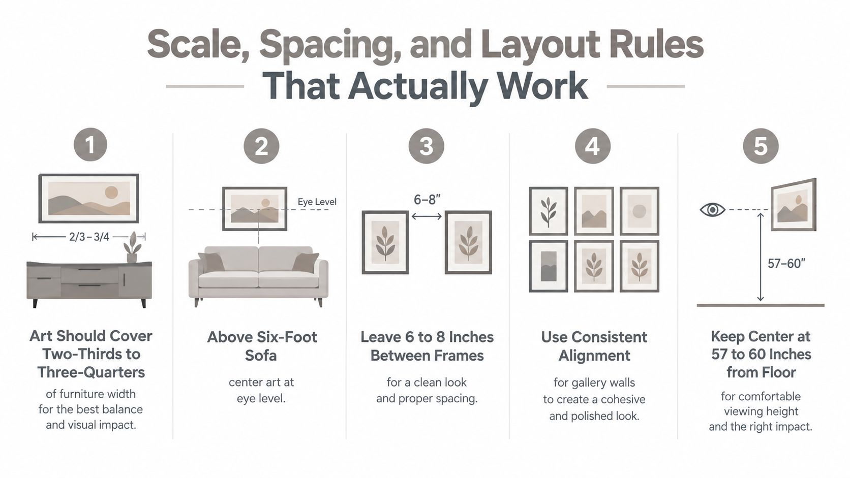 An infographic showing five essential rules for proper scale, spacing, and layout when hanging wall art.